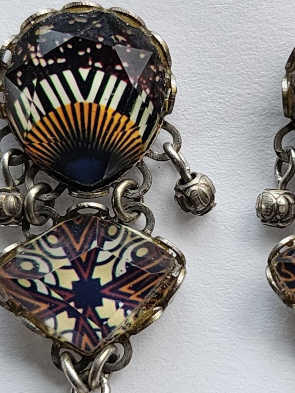 OOAK Ayala Bar Handcrafted, Fabric Inlay, Faceted Lucite & Metal Bead Earrings!! - Picture 8 of 16